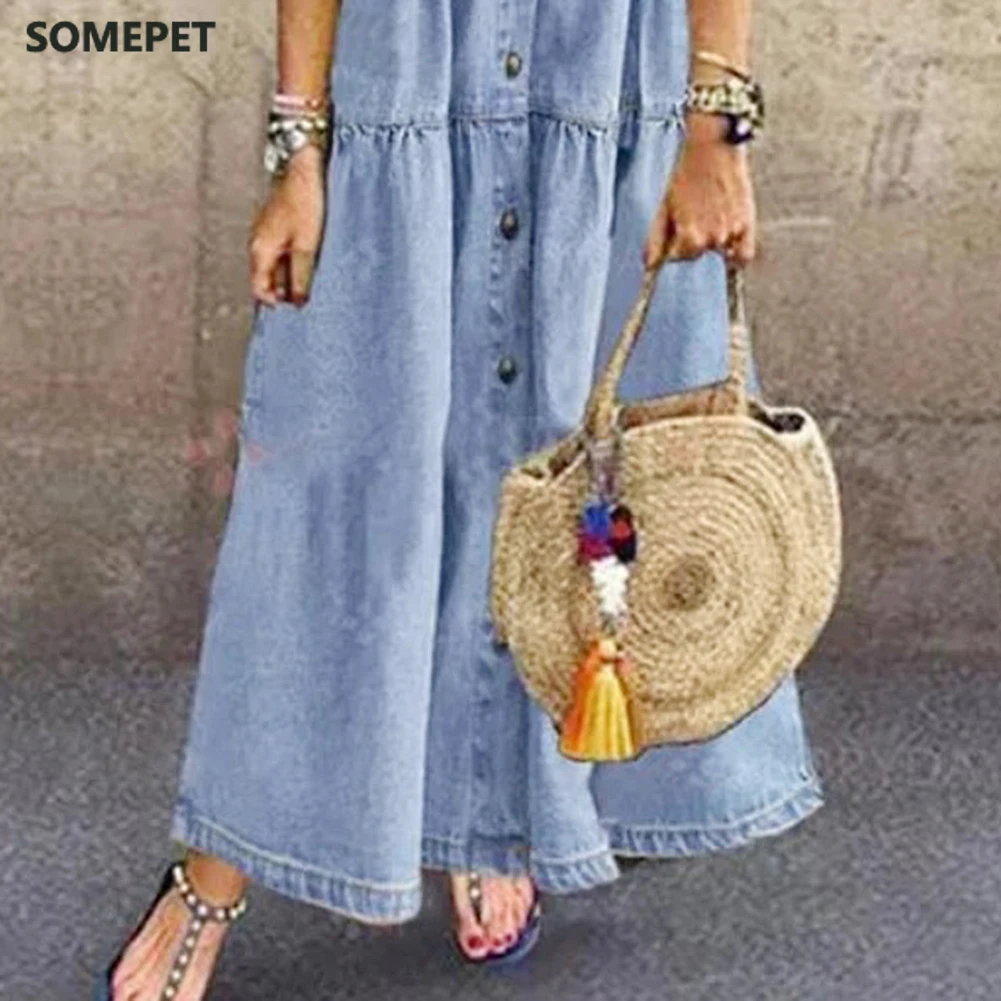 

Denim Dress Retro Women Short Sleeve Turn Down Collar Pockets Button Long Loose Denim Dress Pockets Button Long Loose Plus size