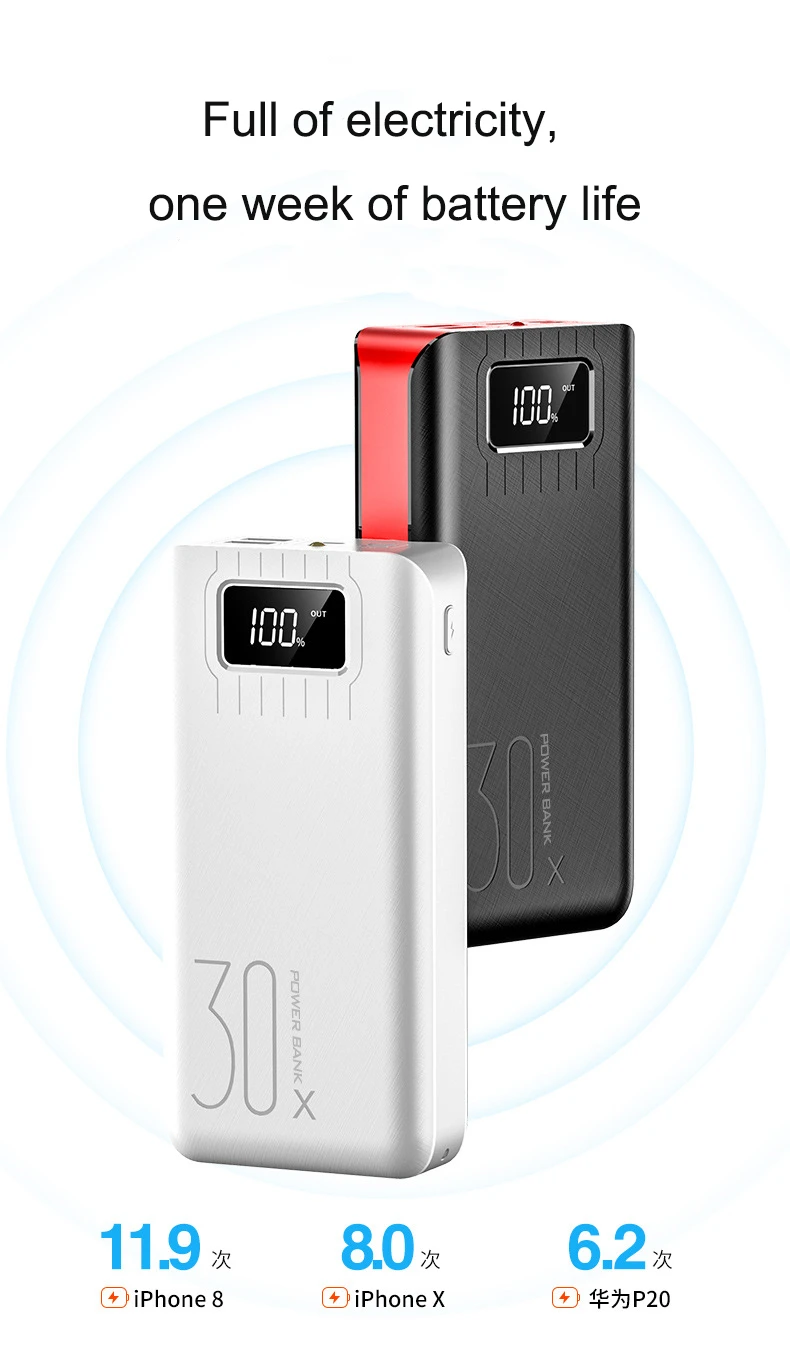 30000 мАч Внешний аккумулятор Poverbank 2 Usb Lcd power Bank портативное зарядное устройство для мобильного телефона для Xiaomi Mi Iphone X, huawei