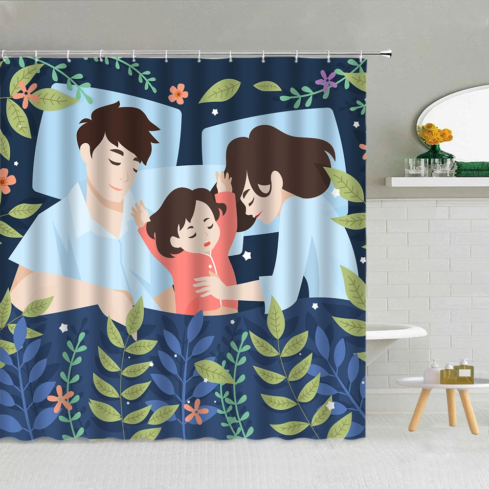 

Cartoon Shower Curtain Family Parent-child Kids Bathroom Cloth Curtains Set Waterproof Polyester Home Bathtub Decor With Hooks