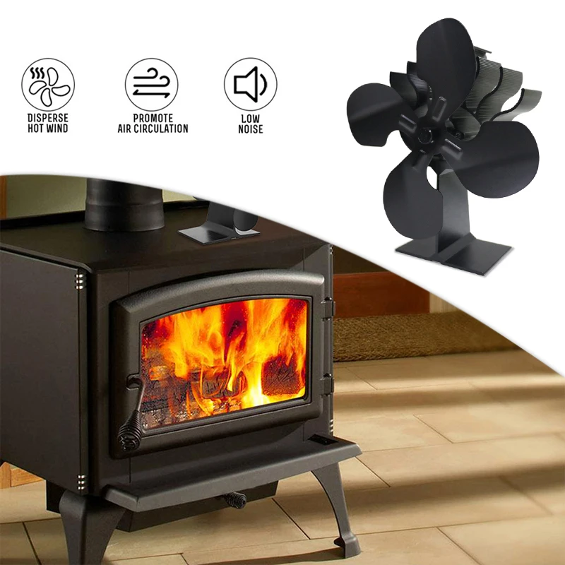 

Black Fireplace 4 Blades Heat Powered Stove Fan Wood Burner Eco Friendly Quiet Home Fireplace Fan Efficient Heat Distribution
