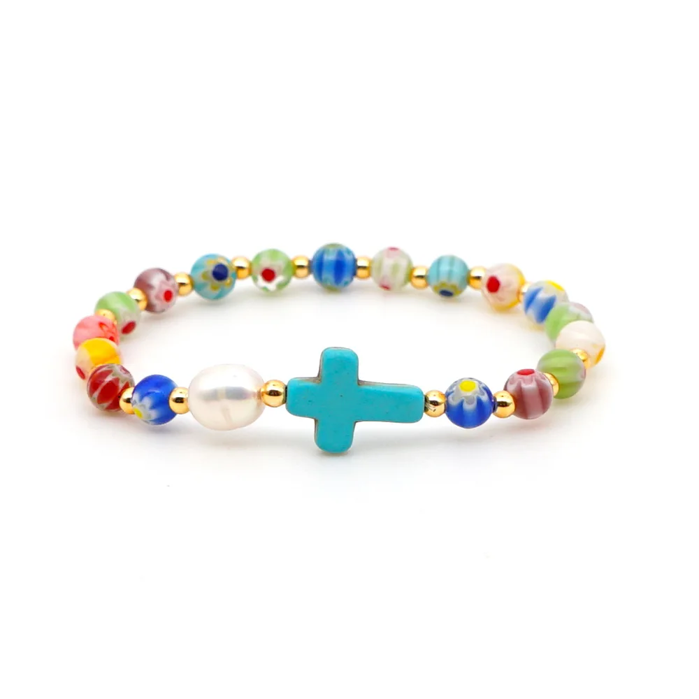 

RTTOOAS Rainbow Tattoo Bracelet Female Pearl Beaded Bracelet Bohemian Style Cross Cross Charm Bracelet Fashion Jewelry Gift