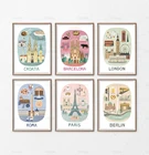 Европейский город украшение, Лондон, Париж, Берлин, Барселона, Рим, Хорватия, городская карта, арт-галерея путешествий, настенный набор из 6 сувенирных постеров
