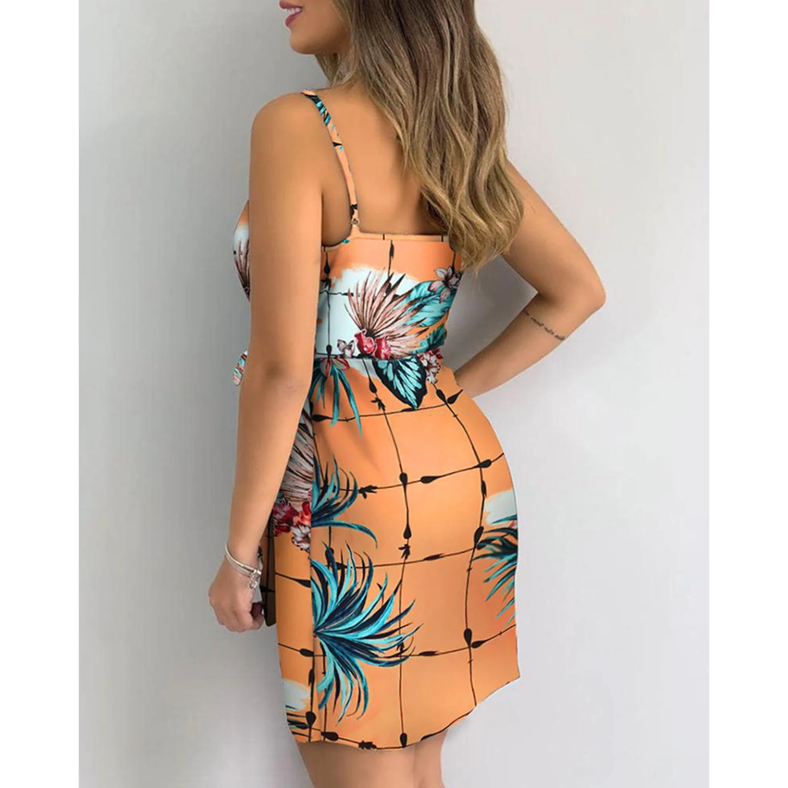 

Women's Printed Mini Dress, V Neck Spaghetti Straps Wrap Waist Ties Charm Dresses