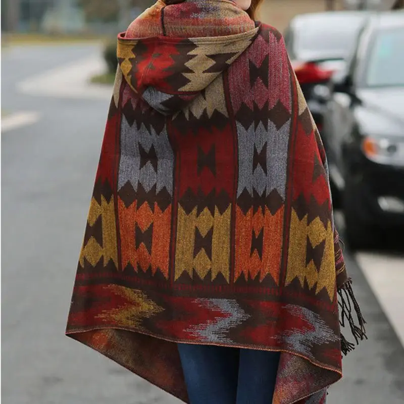 Для женщин ботильоны в этническом стиле пончо с капюшоном Ленточки шаль для