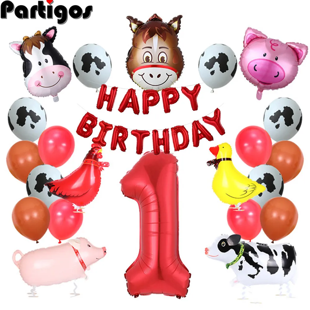 Juego de globos de animales de granja, pancarta de animales de granja para Paseo de cerdo rosa y vaca, suministros de decoraci&oacute;n para fiesta de primer cumplea&ntilde;os, 39 Uds.-0