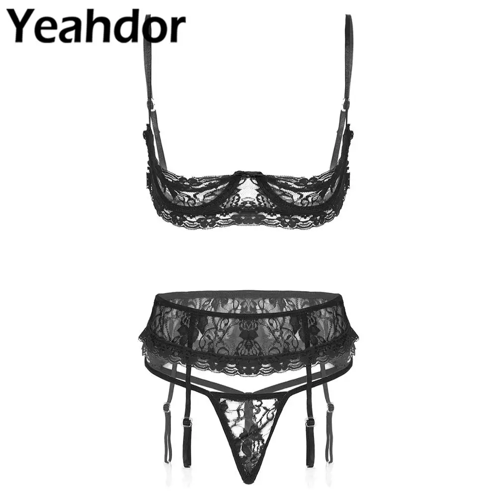 

3pcs Women See-Through Lace sexy Lingerie Suit Expose Breast Unlined Underwear Open Cup Underwired Bra with G-String Garter Belt