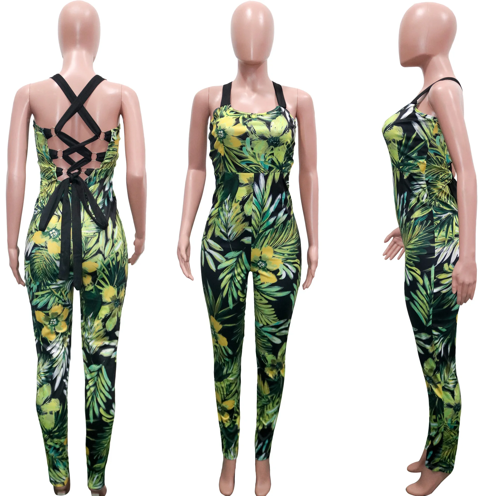 

Echoine Lace Up Grommet Jumpsuit Women Sexy Backless Bodysuit Floral Print Skinny Playsuit Party Club Outfits Overalls Summer
