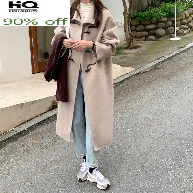 

2022 Autumn 100% Wool Coat Women Long Blends Winter Womens Coats Korean Fashion Clothes Horn Button Casaco Feminino New WPY4142
