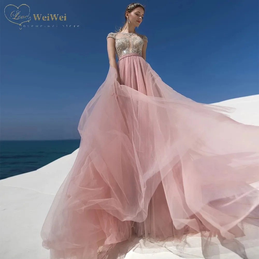 

Pink A-Line Wedding Dress O-Neck Cap Short Sleeve Floor Length Sequin Crystal Sash Evening Gowns Cвадебное платье 2021
