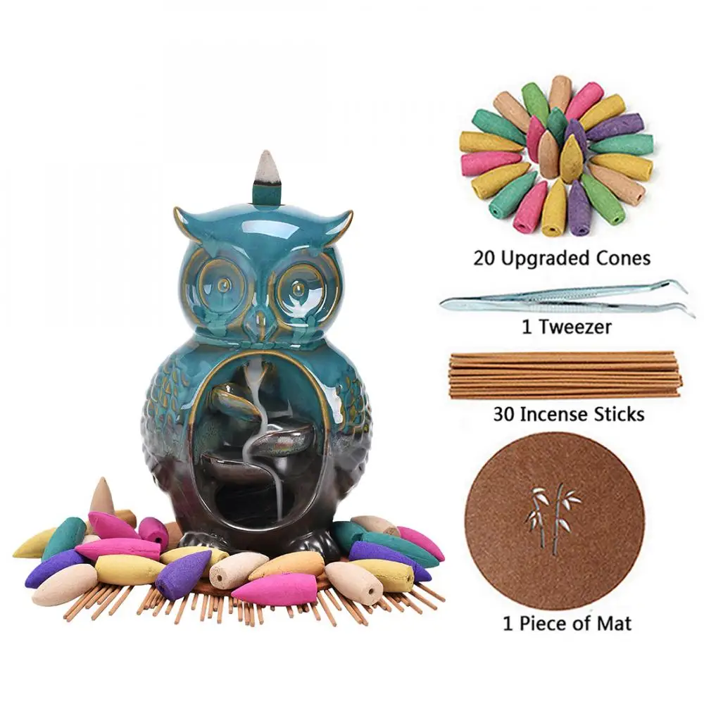 

Smoke Waterfall Incense Sticks Holder Owl Ceramic Backflow Incense Burner With 20 Pcs Cones Creative Home Decor Porcelain Censer
