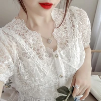 women blouse summer new lace womens short sleeved vintage v neck cardigan with sling blusas de mujer ladies blouse 782b