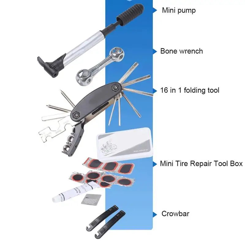 

16 In 1 Bicycle Repair Bag Tire Pump Multiifunction Bicycle Tire Repair Tool Kit Portable Lever Air Pump Wrench for Camping