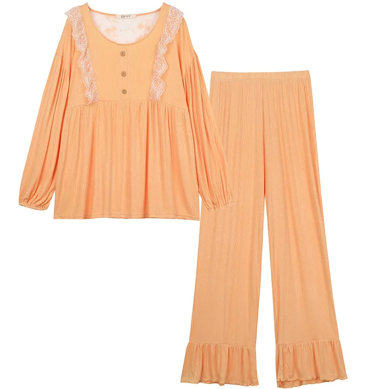 

Autumn New Ladies Pure Color Long Sleeve Suit Pajamas Simple Natural Loose Casual Home Wear Lace Decoration Black Sleepwear