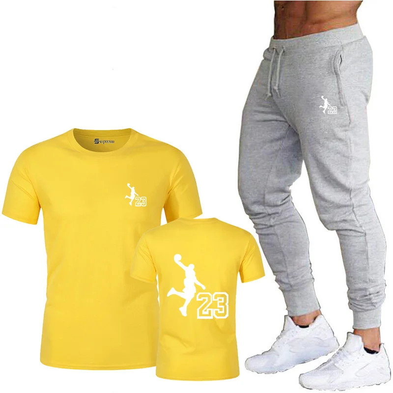 

Pure cotton men's T-shirt + trousers men's brand two-piece track and field sportswear casual T-shirt fitness sports suit