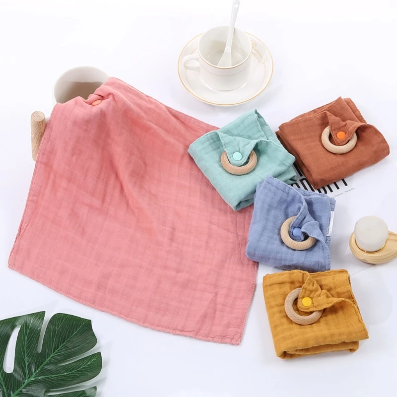 

Baby Soother Appease Towel Bibs with Wooden Teether Ring Solid Color Bandana Burp Cloth Infant Toys Shower Gifts