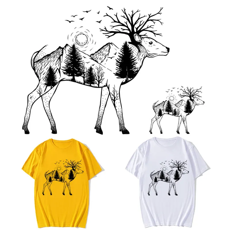 

Print Deer With Forest Sticker On Clothes DIY Thermal Stickers For T-Shirts Fashion Patch On Clothing Iron On Transfer Patches