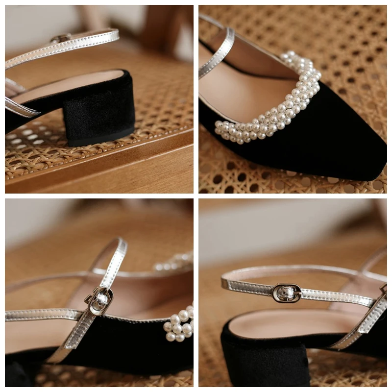 

REAVE CAT New 2021 Ladies Pumps Square Toe 3.5cm/7.5cm Block Heels Genuine Leather Flock Pearl Buckle Elegance Size 40 A3472