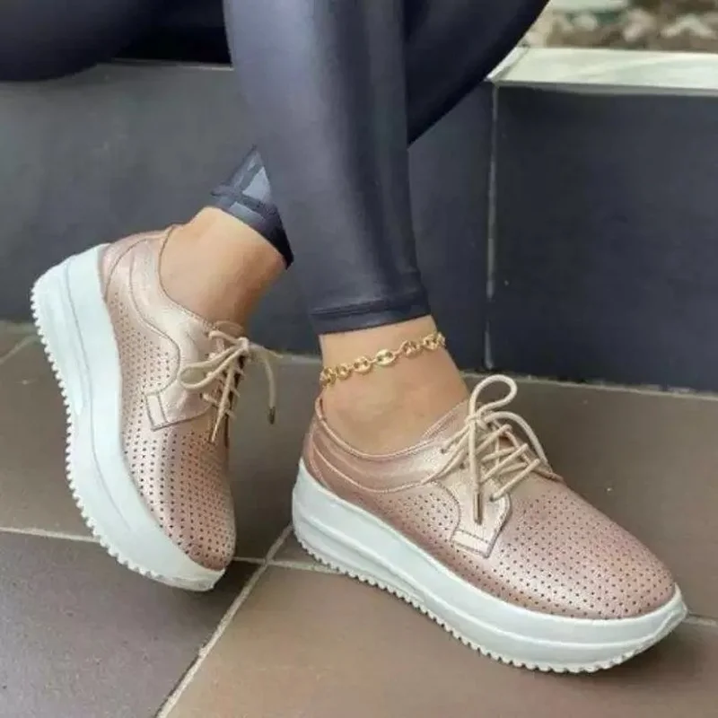 

2021 Women's Boutique Pure Color PU Simple Hollow Lace-up Flat-heeled Platform Comfortable and Fashionable All-match Sneakers