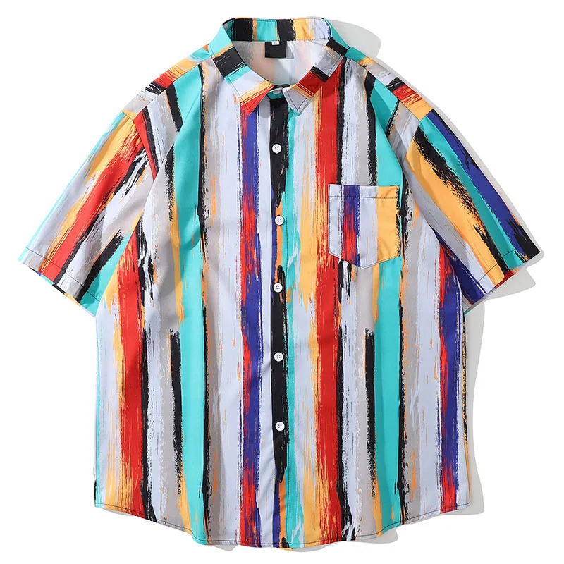 

Vintage Street Spliced Tie-dyed Striped Shirts Men Women Lovers Short Sleeve Casual Hawaii Summer Tops Loose Clothing 2021