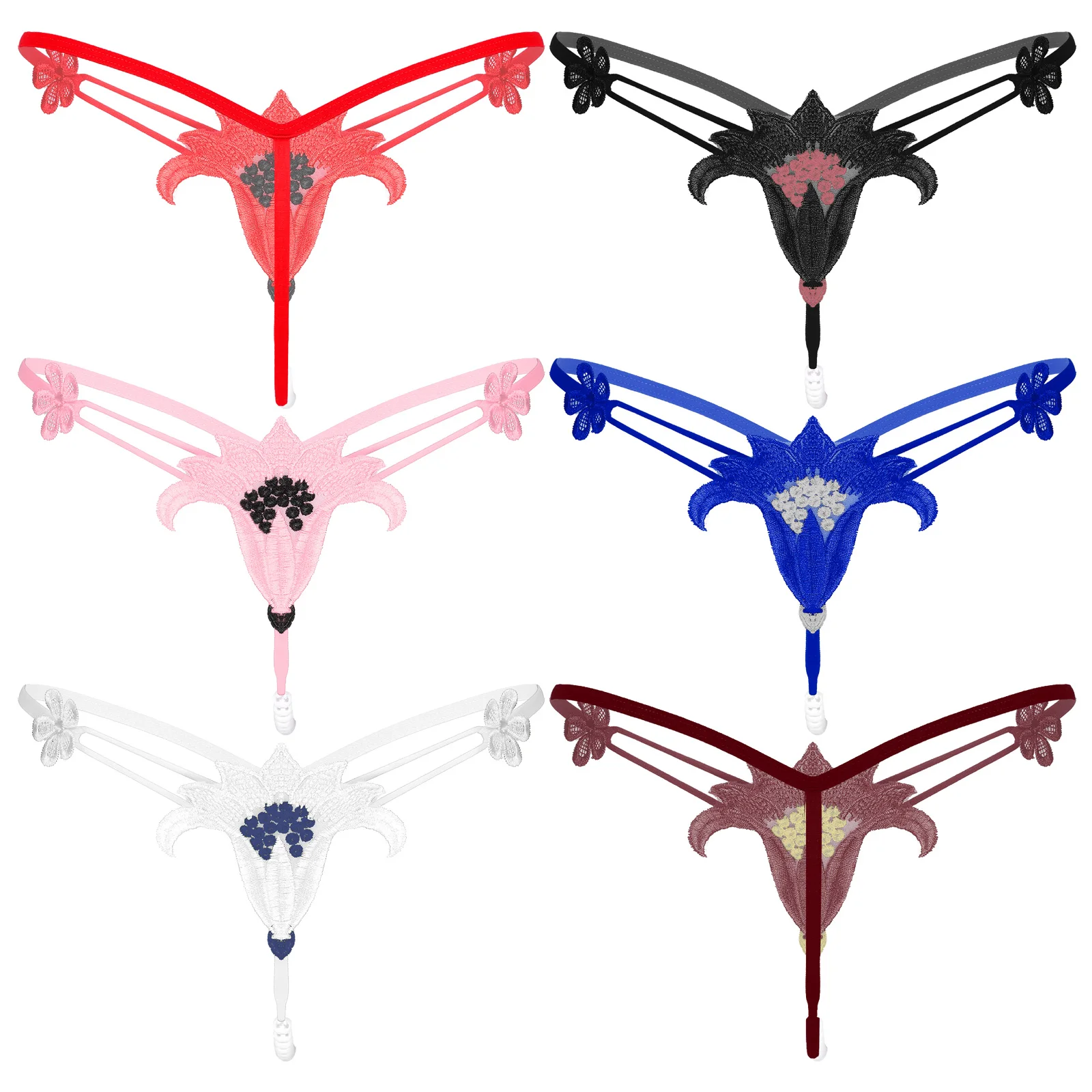 

Women Embroidered Flower Artificial Pearl Massage Panties Thongs Low Waist T-Back Lingerie Underwear Underpanties