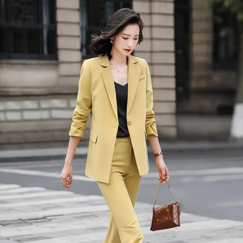 High Quality Fabric Elegant Yellow Formal Uniform Designs Pantsuits with Pants and Jackets Coat OL Styles Professional Blazers | Женская