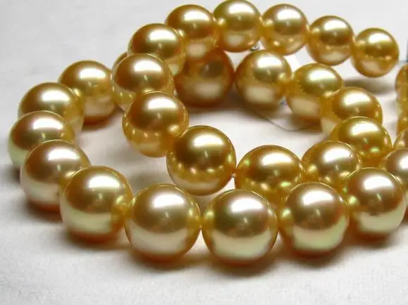 

huge 18"13-16mm freshwater genuine gold perfect round pearl necklace 925silver