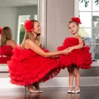 Красные пышные тюлевые платья для маленьких девочек, платье на день рождения для младенцев, платье с прозрачным воротником для мам и девочек, подходящие Платья До Колена Для фотосъемки