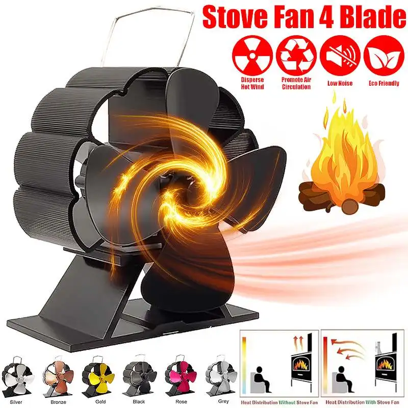 

4 Blades Fireplace Fan Wood Stove Fan Quiet Heat Powered Eco Fan For Log Burner Home Fireplace Fan Pellet Stoves Heating Fan