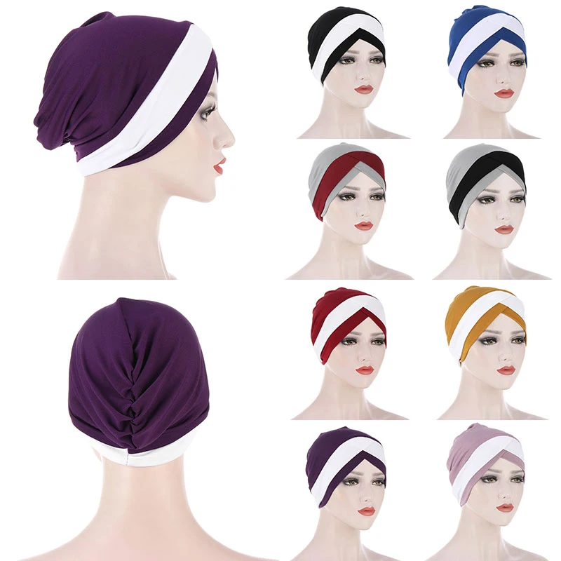 

Forehead Double Cross Hat Female's Stylish Turban Hat Western Style Comfortable All-match Style Nice Color-blocked Muslim Hat