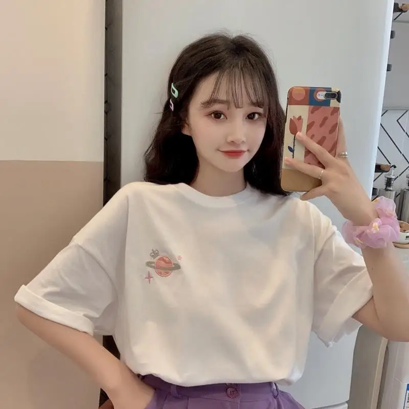 

T-shirts Women All-match Couples Summer Casual Fashion Embroidery Harajuku Tops Tee Short Sleeve Ulzzang College Student Loose