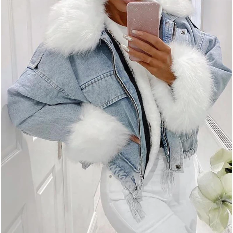 

Thicken Winter Warm Female Oversize Denim Coats Denim Jacket Casual Women Long Sleeve Short Coat Faux Fur Collar Outerwear Loose