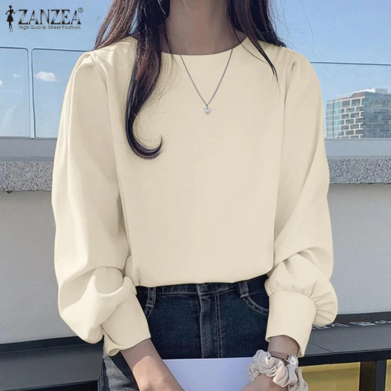 

Fashion Women Solid Shirt ZANZEA 2022 Autumn Elegant Vintage Blouses O Neck Tunic Tops Long Sleeve Blusas Office Work OL Chemise
