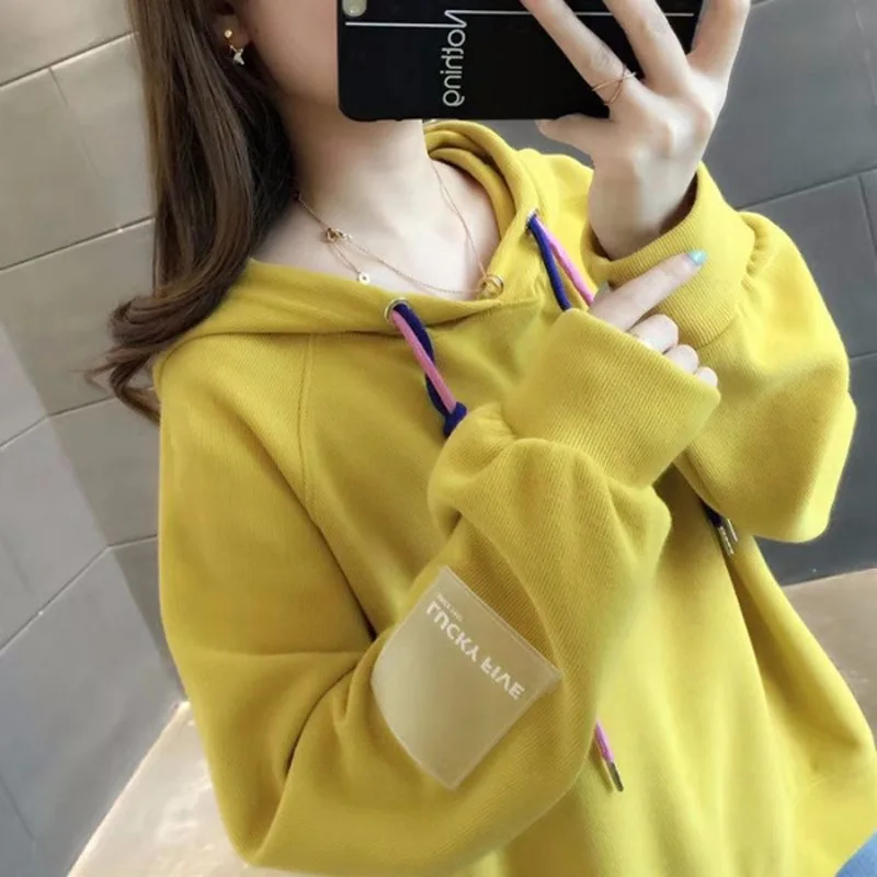 

Hooded Sweatshirt Women Korean Pullover College Style Hoodies Fashion Solid Long Sleeve Street Loose Female Hoodie Top