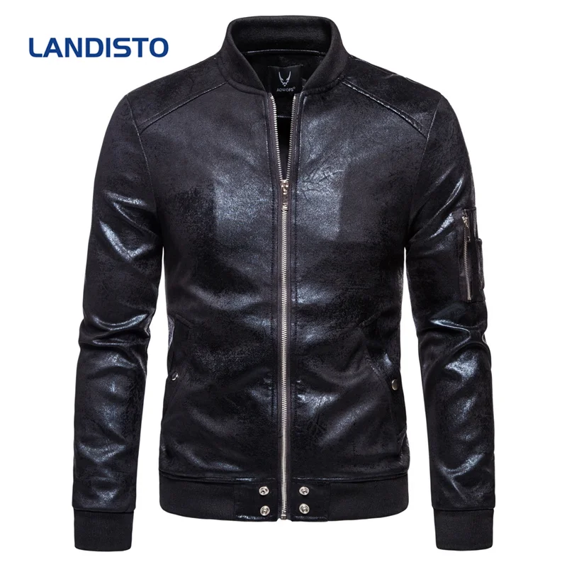 Мужская кожаная куртка LANDISTO на молнии для весны и осени 2019|Куртки из искуственной