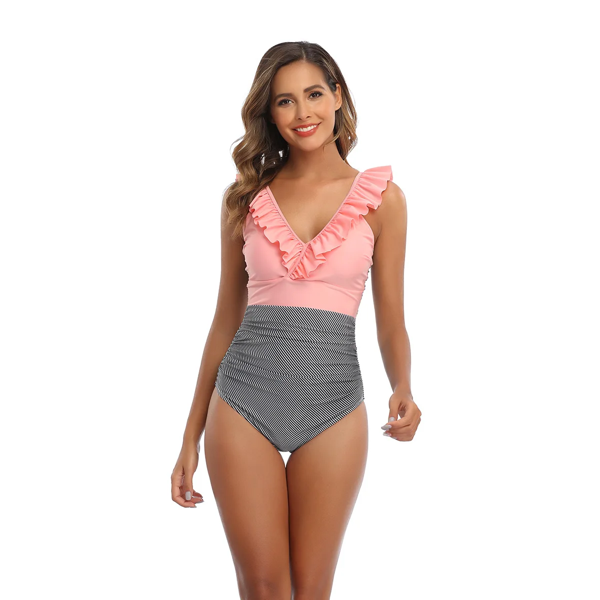 Женский слитный купальник с оборками и большим V образным вырезом| |