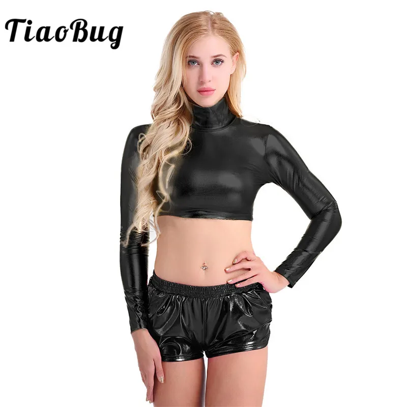 Женский блестящий топ TiaoBug из лакированной кожи с длинным рукавом и высоким