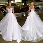 Женское свадебное платье из органзы, кружевное платье с аппликацией, круглым вырезом и длинным рукавом, пляжное платье невесты, 2021