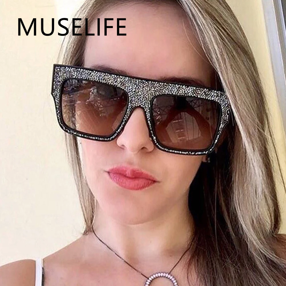 

MUSELIFE Luxury Rhinestones Cool Driving Sunglasses Women 2022 New Fashion Square Big Box Men Women General Glasses