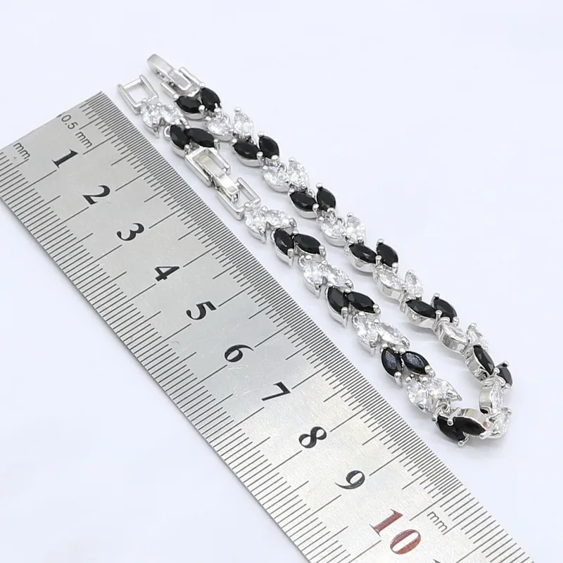 Black White Zircon 925 Silver Wedding Jewelry Sets for Women with Bracelet Earrings Necklace Pendant Ring Gift Box