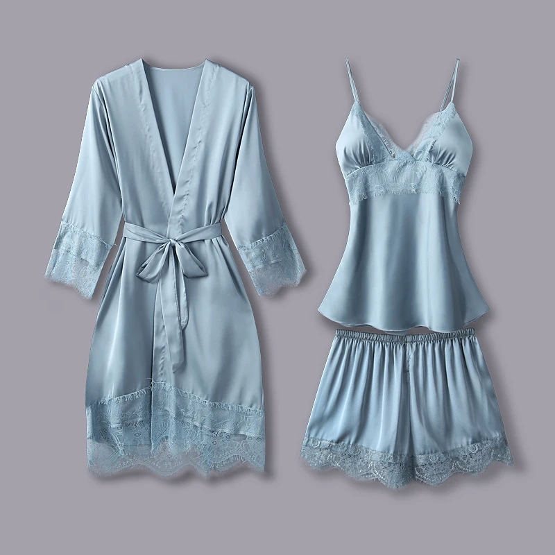 Новый женский пижамный комплект шелковая пижама из трех предметов на тонких