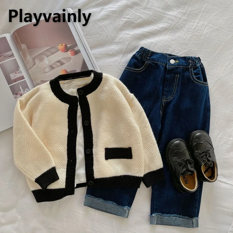 

2021 Hot Sale Autumn Kids Boys Girls Sweater Coat Patchwock Long Sleeves Cardigan Jackets Children Knitting Hepburn Style E7271