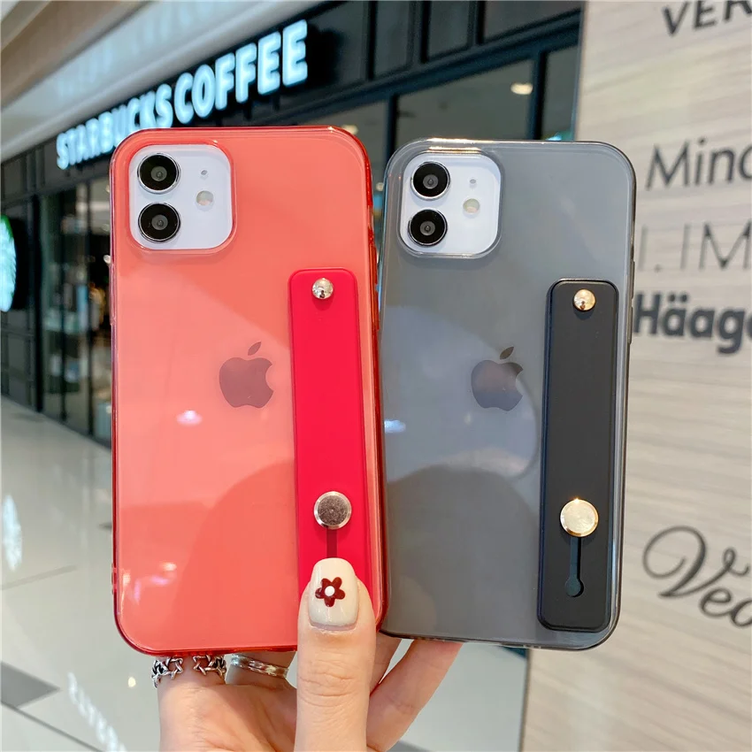 

Clear Silicone Wrist Strap Colorful Bracket Phone Case For iPhone 11 12Promax XS Max X XR Mini SE20 Transparent TPU Coque Capa