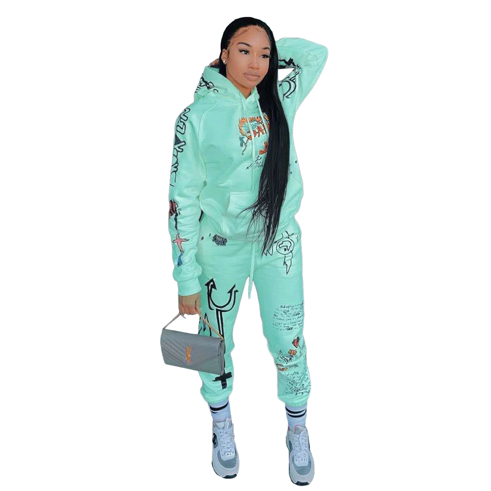 

2 Pcs Women Casual Style Outfits, Letter Print Long Sleeve Drawstring Hoodie + Trousers with Slant Pocket