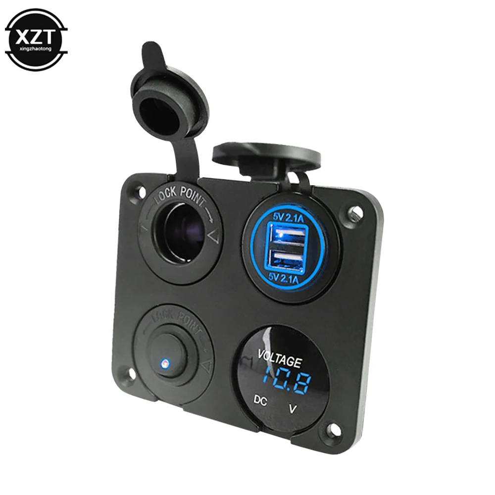 

New Dual USB Ports Car Charger + LED Voltmeter + 12-24V Power Socket + On-Off Switch 4 in 1 Car Marine Boat LED Switch Panel