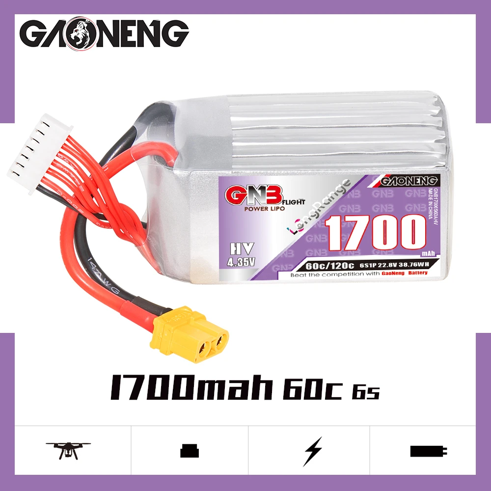 Gaoneng GNB 1700mAh 6S1P 22.8V 60C/120C Light Weight Long Flight HV Lipo Battery With XT60 Plug For 4-Inch RC FPV Racing Drone