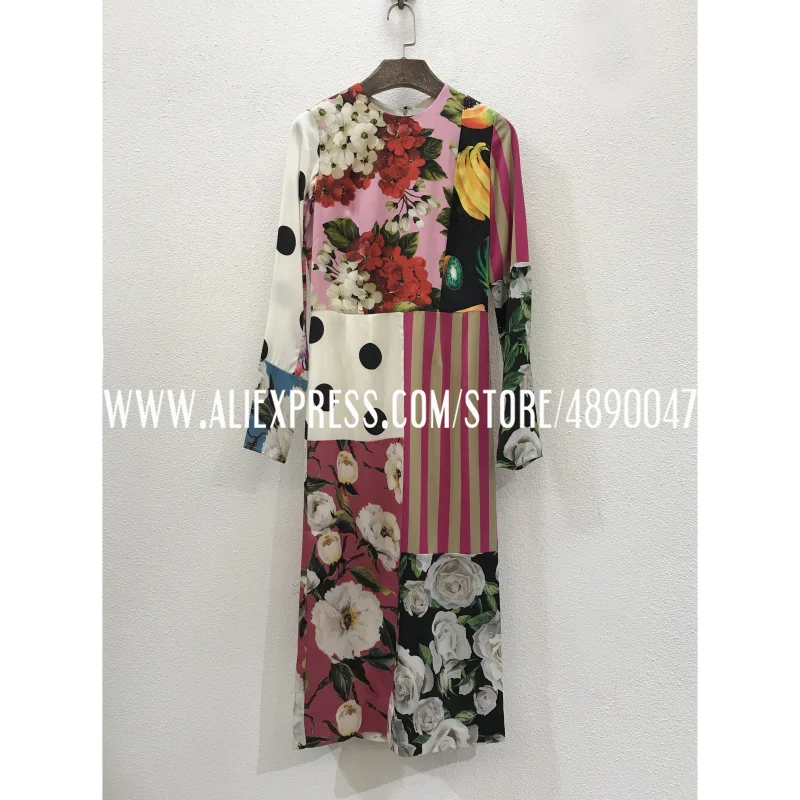 

Multi-color printing stitching back zipper design waist slimming long-sleeved silk dress temperament fashion slim-fit hip dress
