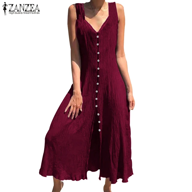 ZANZEA, летнее женское платье, элегантное, однотонное, длинный жилет, Vestidos, на пуговицах, v-образный вырез, Vestidos, сексуальное, с разрезом, длинное, макси, сарафан, 7