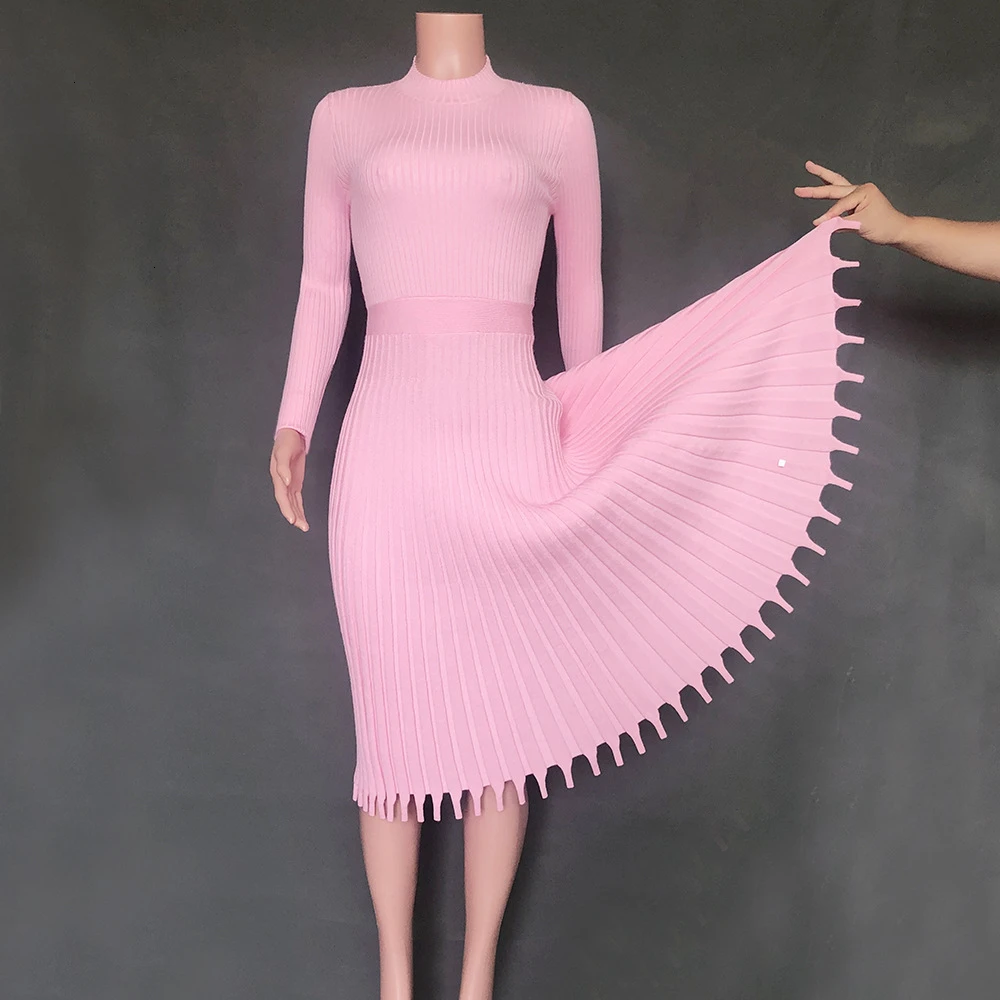 

Vintage A-Line Solid O-Neck Slim Plus Size Pleated Sweater Dress Women Winter Autumn Pink Office Ladies Midi Sexy Party Dresses