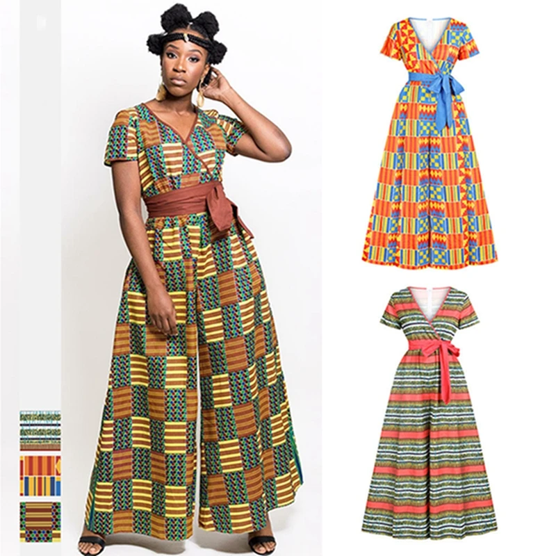 

Dashiki African Print Jumpsuit For Women V-Neck Romper Party Ladies Ankara Dashiki Wide Leg Loose Pants With Bandage