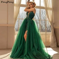 green lace evening dresses 2022 with detachable train appliques strapless sparkly prom party gowns v neck vestidos de fiesta
